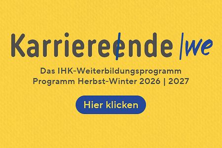 Das Bild zeigt den aktuellen Slogan des Weiterbildungsprogramms Karriereende versus Karrierewende.