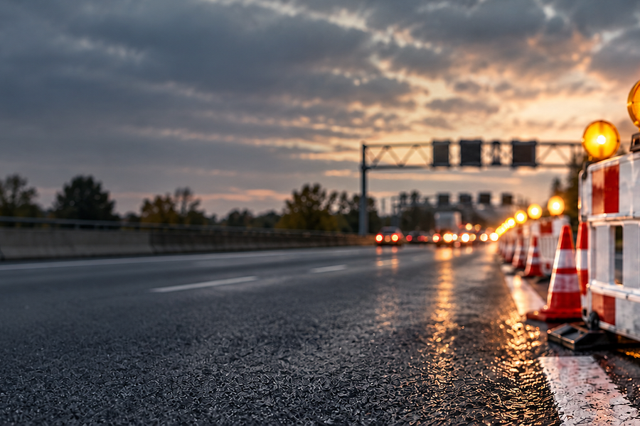 Autobahnbaustelle im Morgenlicht